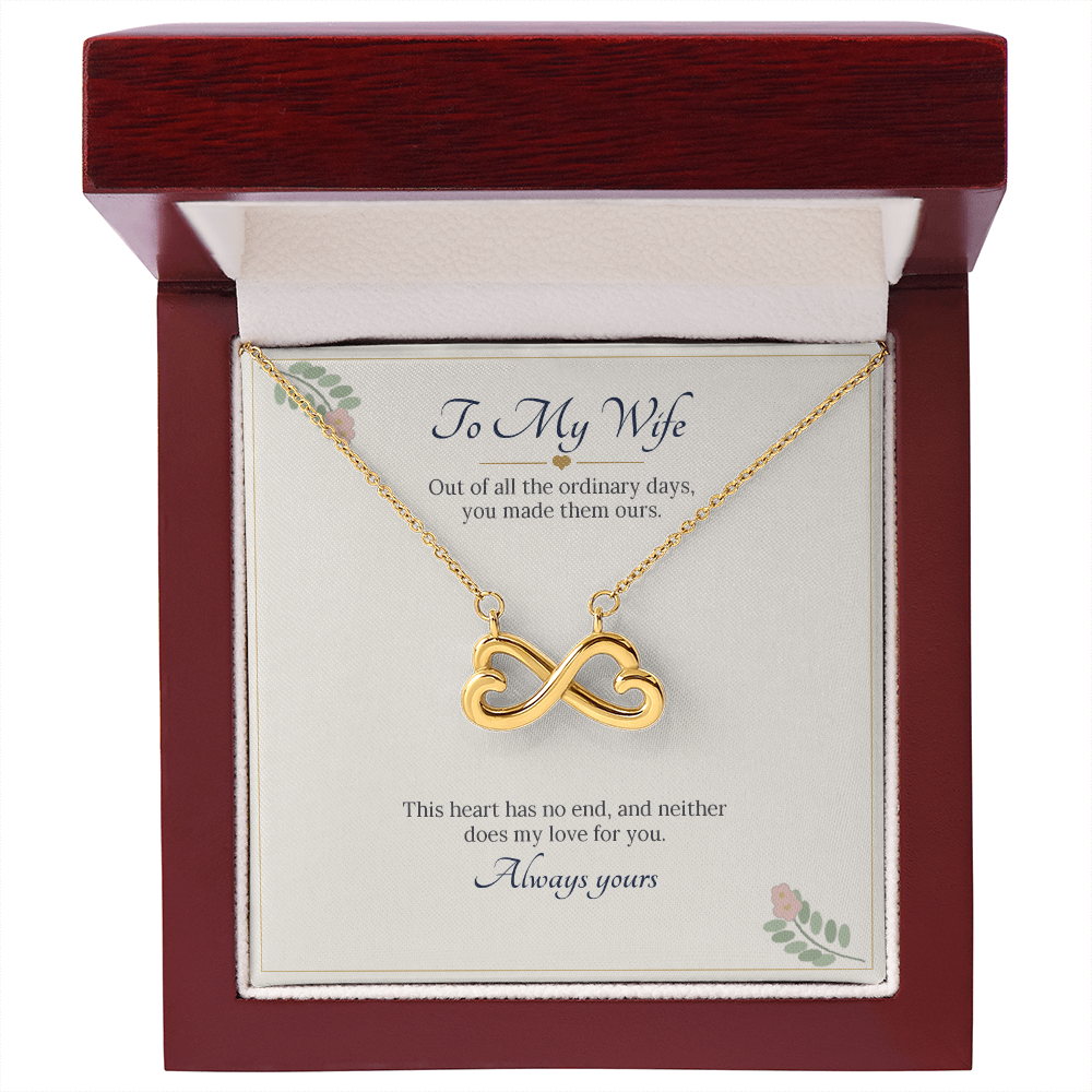 Yellow gold finish infinity heart necklace on the To My Wife card inside an open wooden luxury box