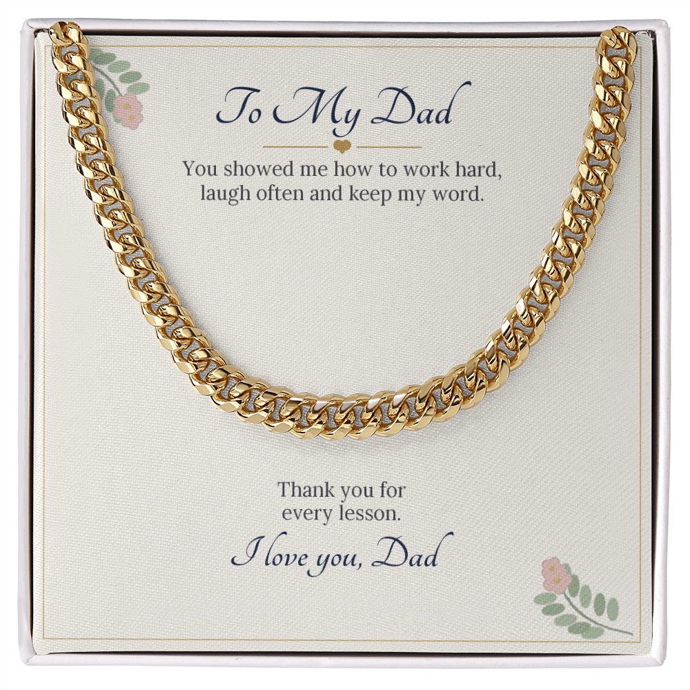 Cuban link chain in 18k yellow gold finish on a cream To My Dad message card