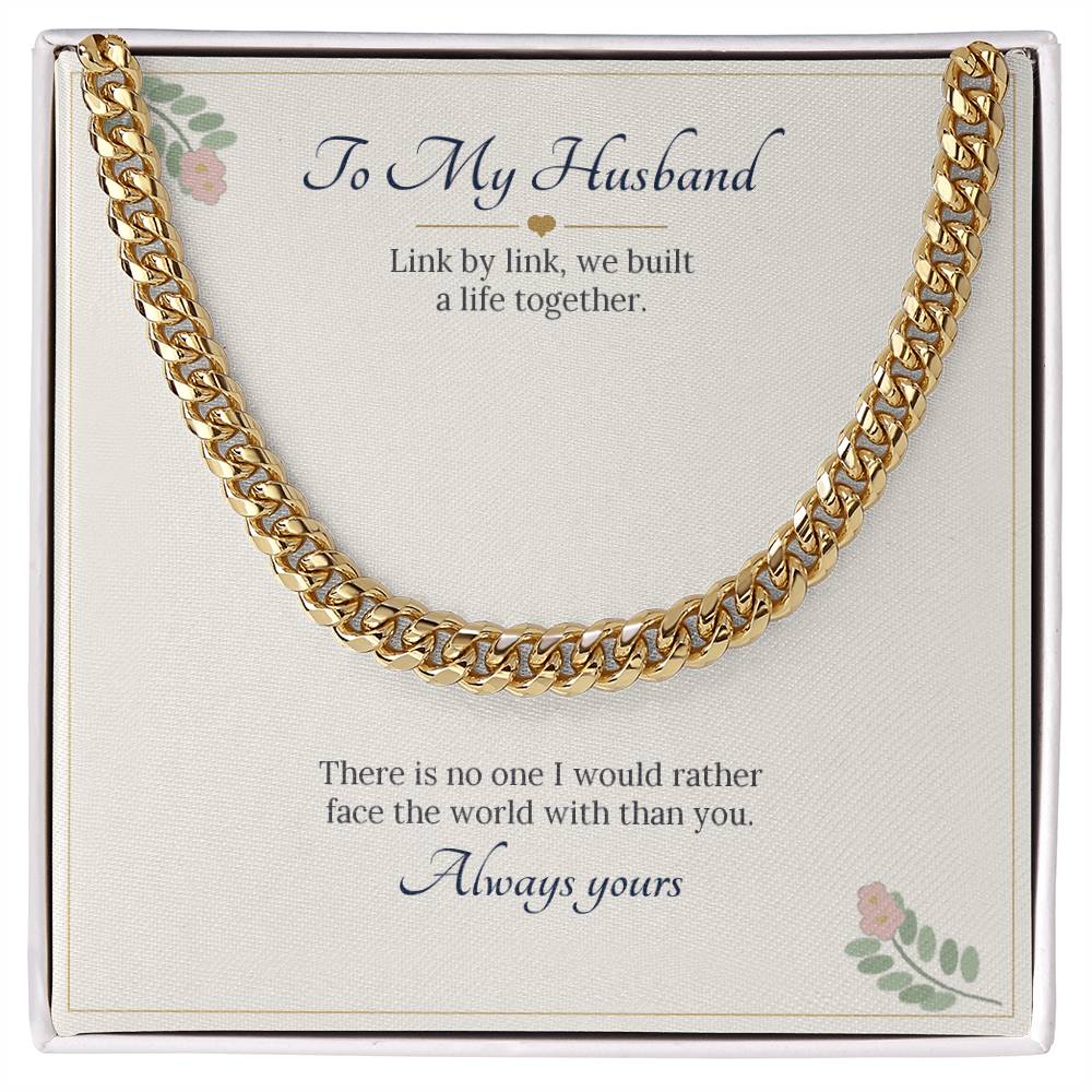 Cuban link chain in 18k yellow gold finish on a cream To My Husband message card
