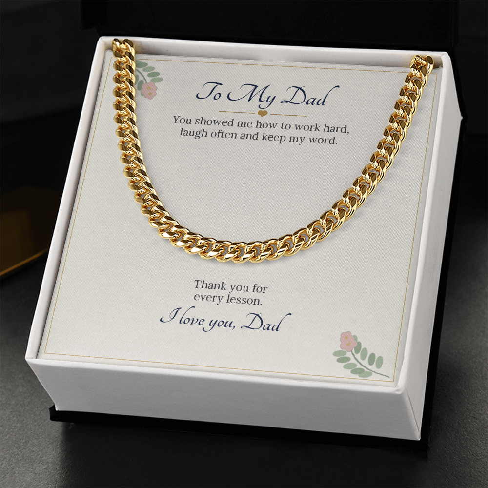 Yellow gold finish Cuban link chain on the To My Dad card in a white gift box