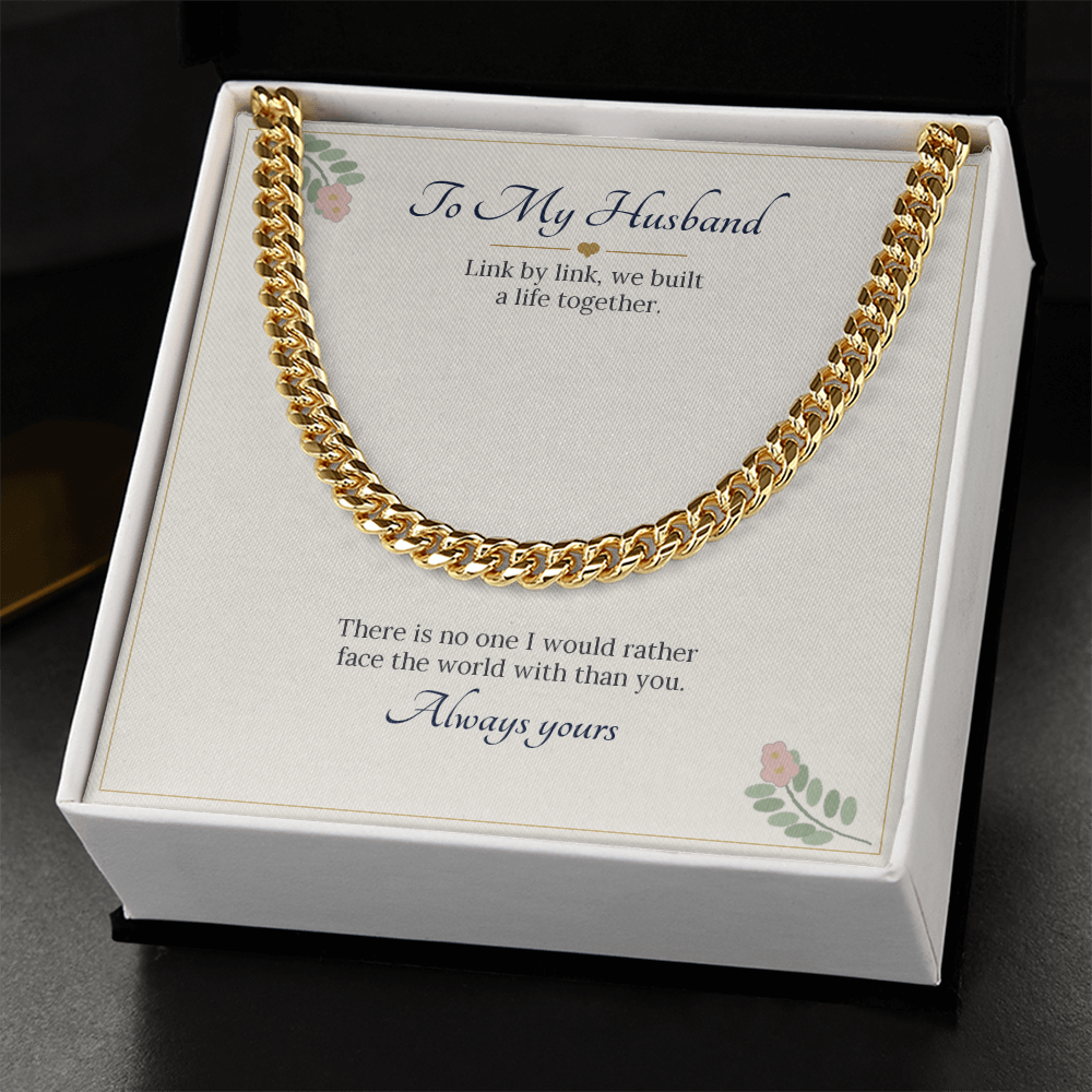 Yellow gold finish Cuban link chain on the To My Husband card in a white gift box