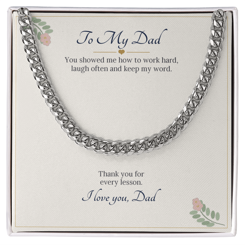 Stainless steel Cuban link chain on a cream To My Dad message card
