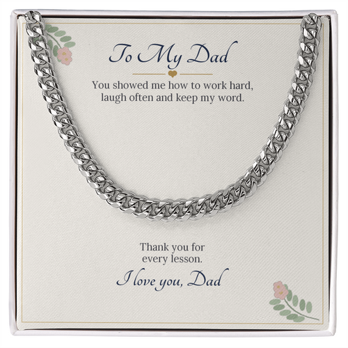 Stainless steel Cuban link chain on a cream To My Dad message card