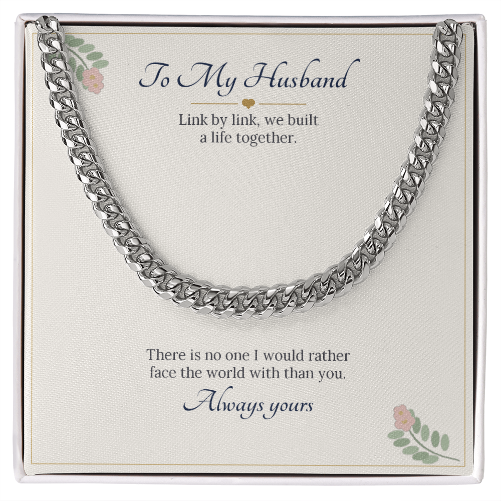 Stainless steel Cuban link chain on a cream To My Husband message card