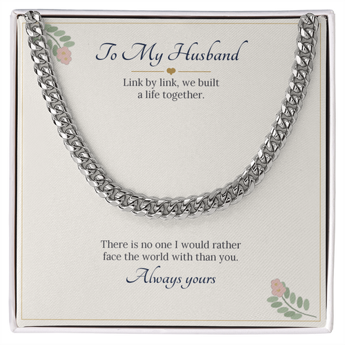 Stainless steel Cuban link chain on a cream To My Husband message card