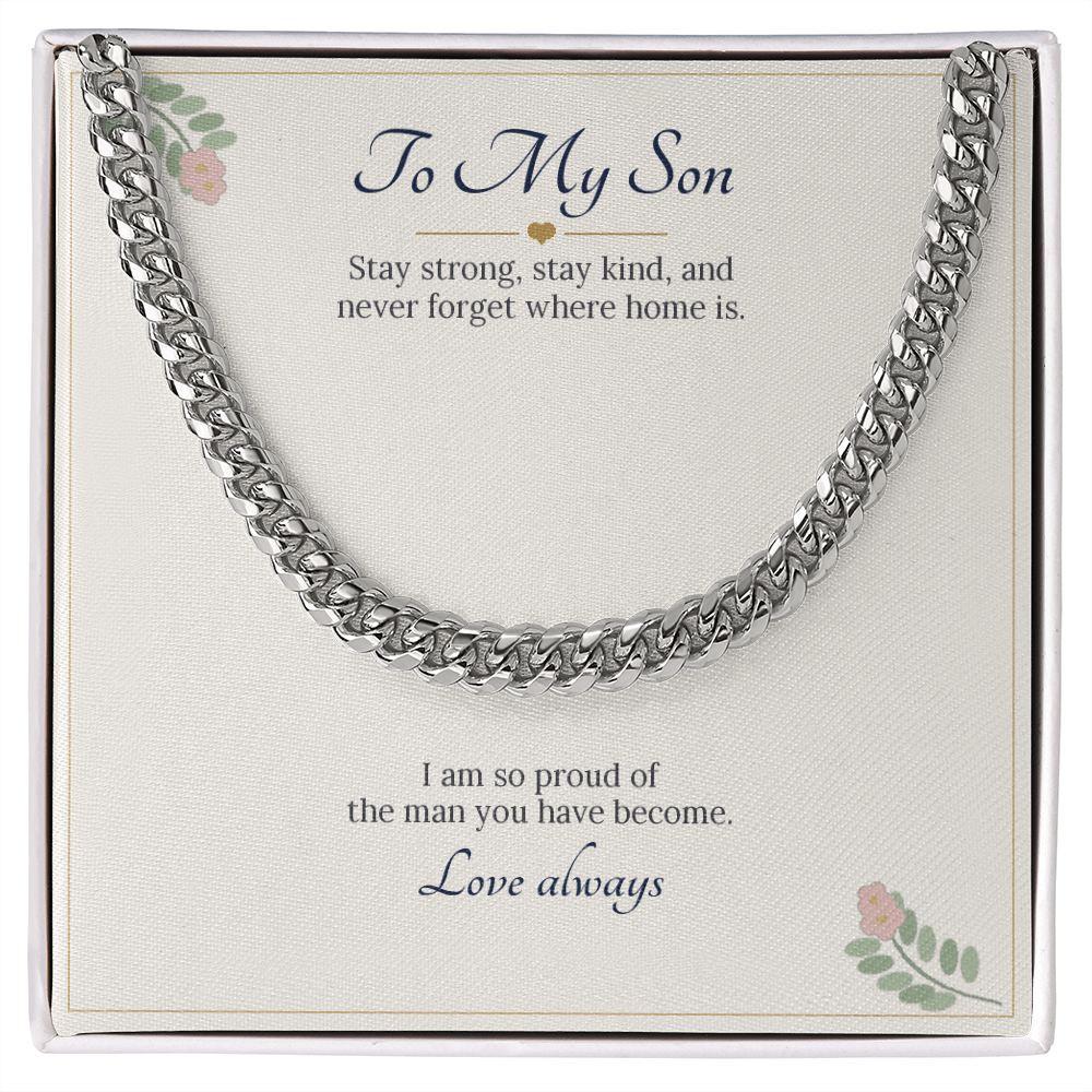 Stainless steel Cuban link chain on a cream To My Son message card