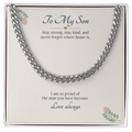 Stainless steel Cuban link chain on a cream To My Son message card