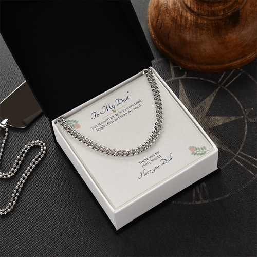 Stainless steel Cuban link chain on the To My Dad card in a white gift box on a dark desk