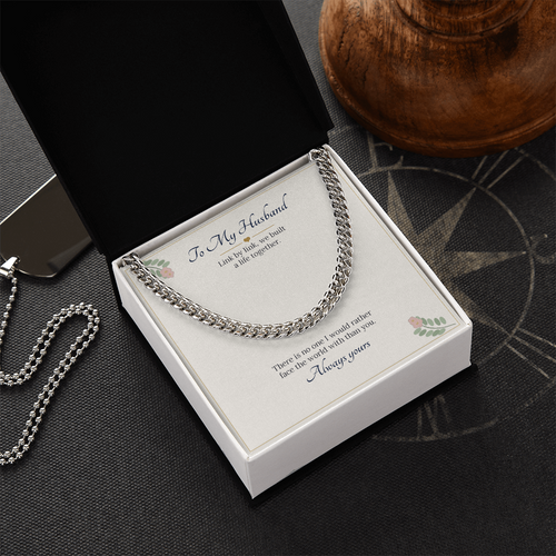 Stainless steel Cuban link chain on the To My Husband card in a white gift box on a dark desk