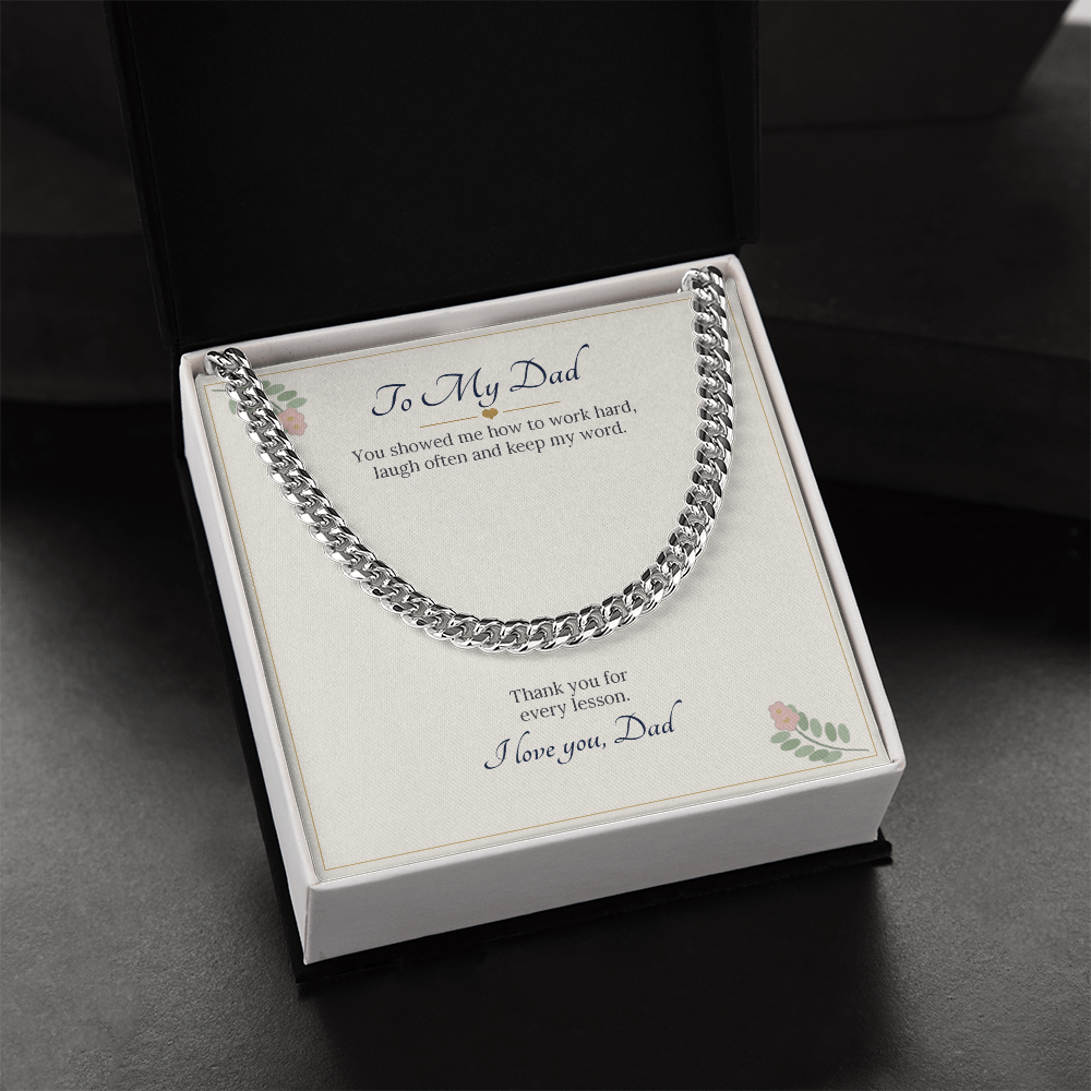 Stainless steel Cuban link chain on the To My Dad card in a white gift box