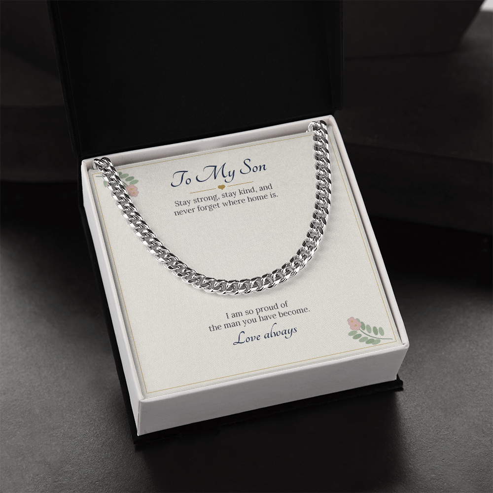 Stainless steel Cuban link chain on the To My Son card in a white gift box