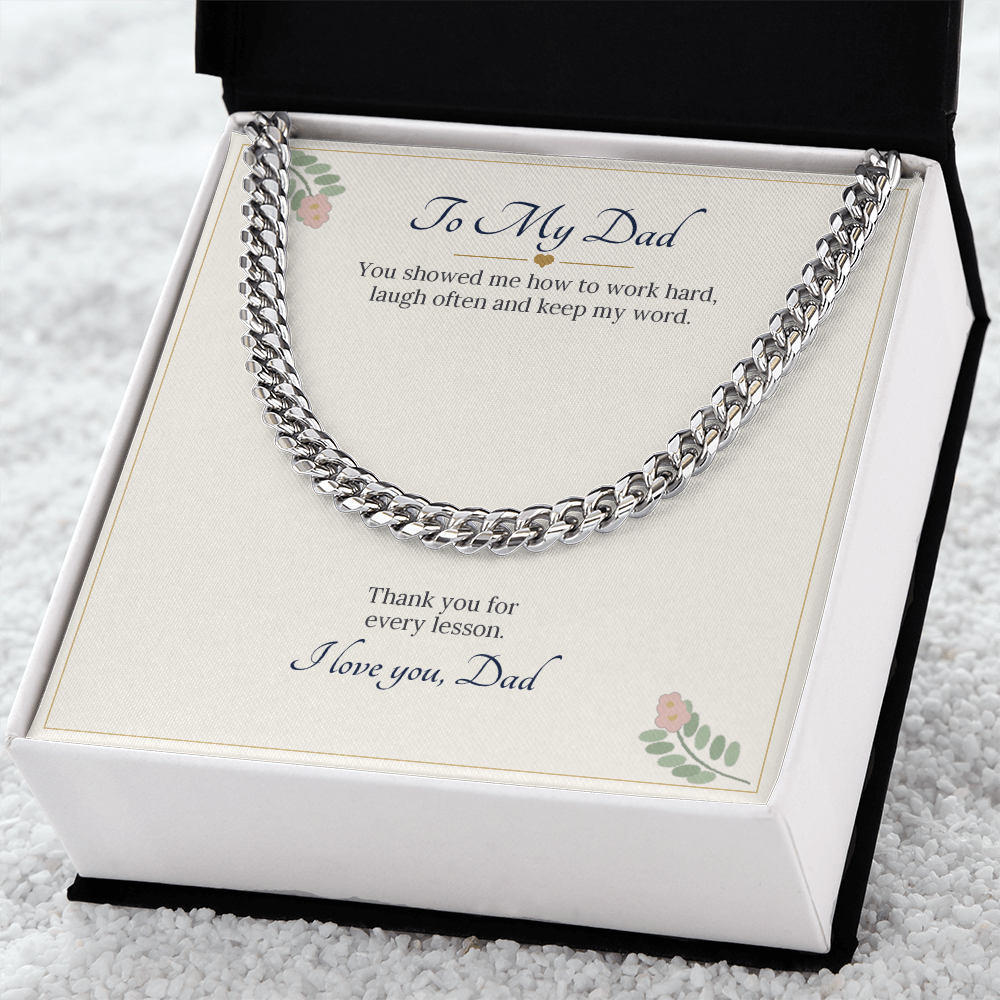 Stainless steel Cuban link chain on the To My Dad card in a white gift box on a white rug