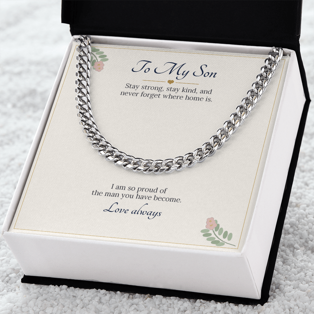 Stainless steel Cuban link chain on the To My Son card in a white gift box on a white rug