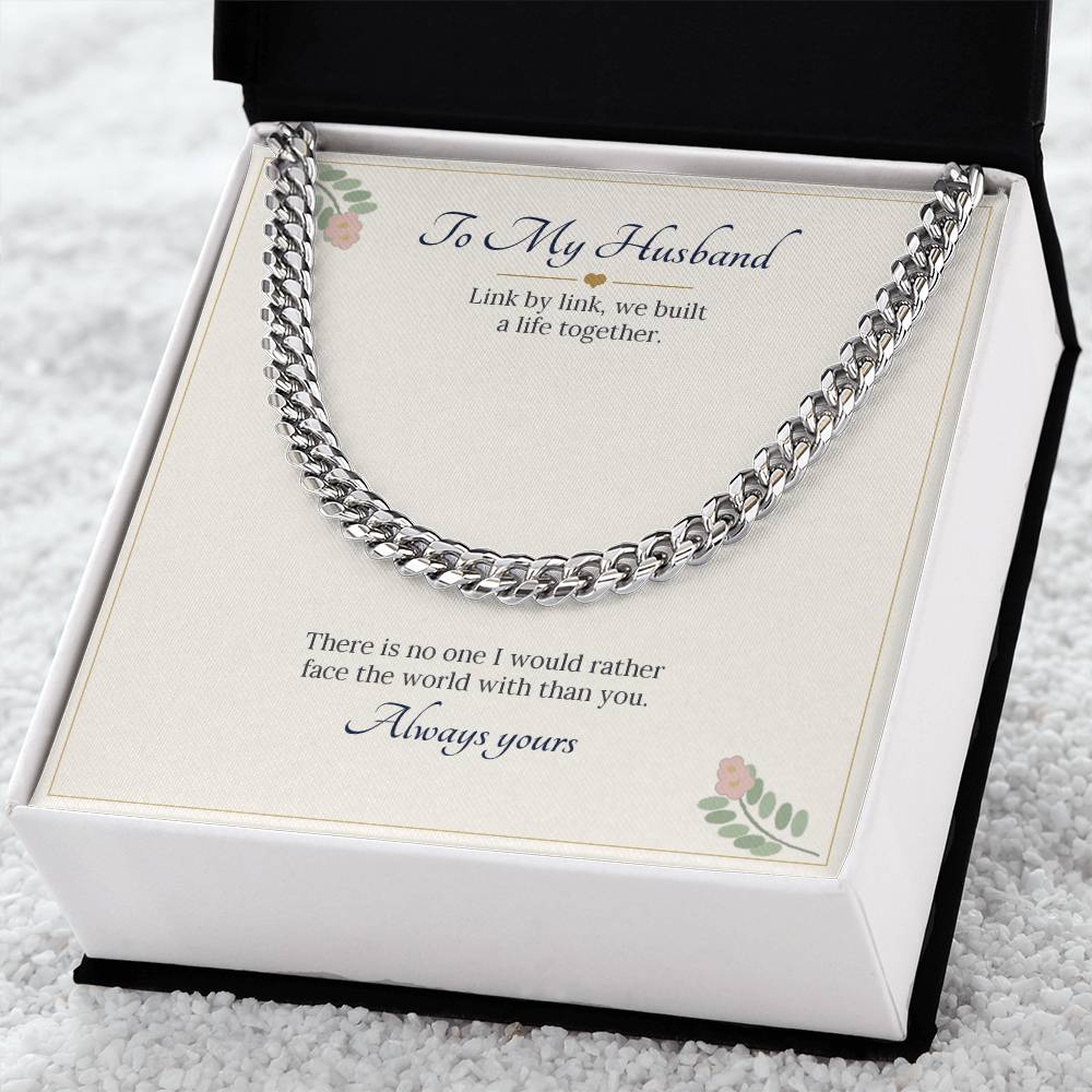 Stainless steel Cuban link chain on the To My Husband card in a white gift box on a white rug