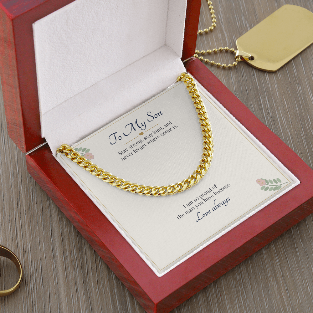 Yellow gold finish Cuban link chain on the To My Son card inside a wooden luxury box