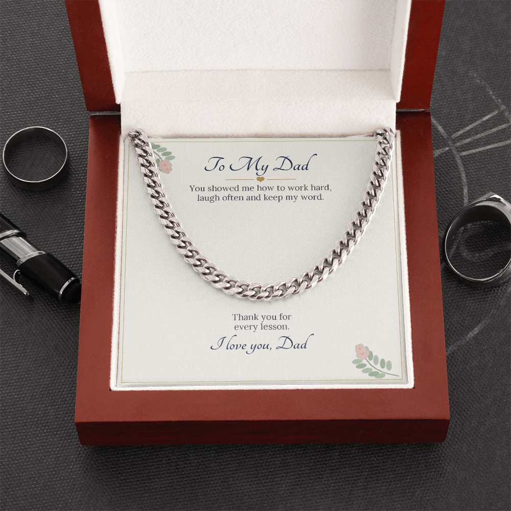 Stainless steel Cuban link chain on the To My Dad card inside a wooden luxury box