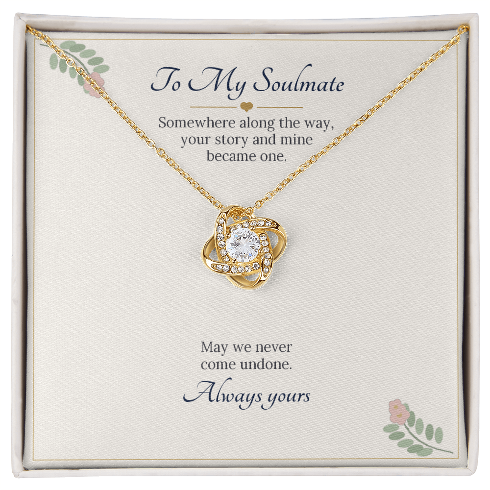 Love knot necklace in yellow gold finish on a cream To My Soulmate message card