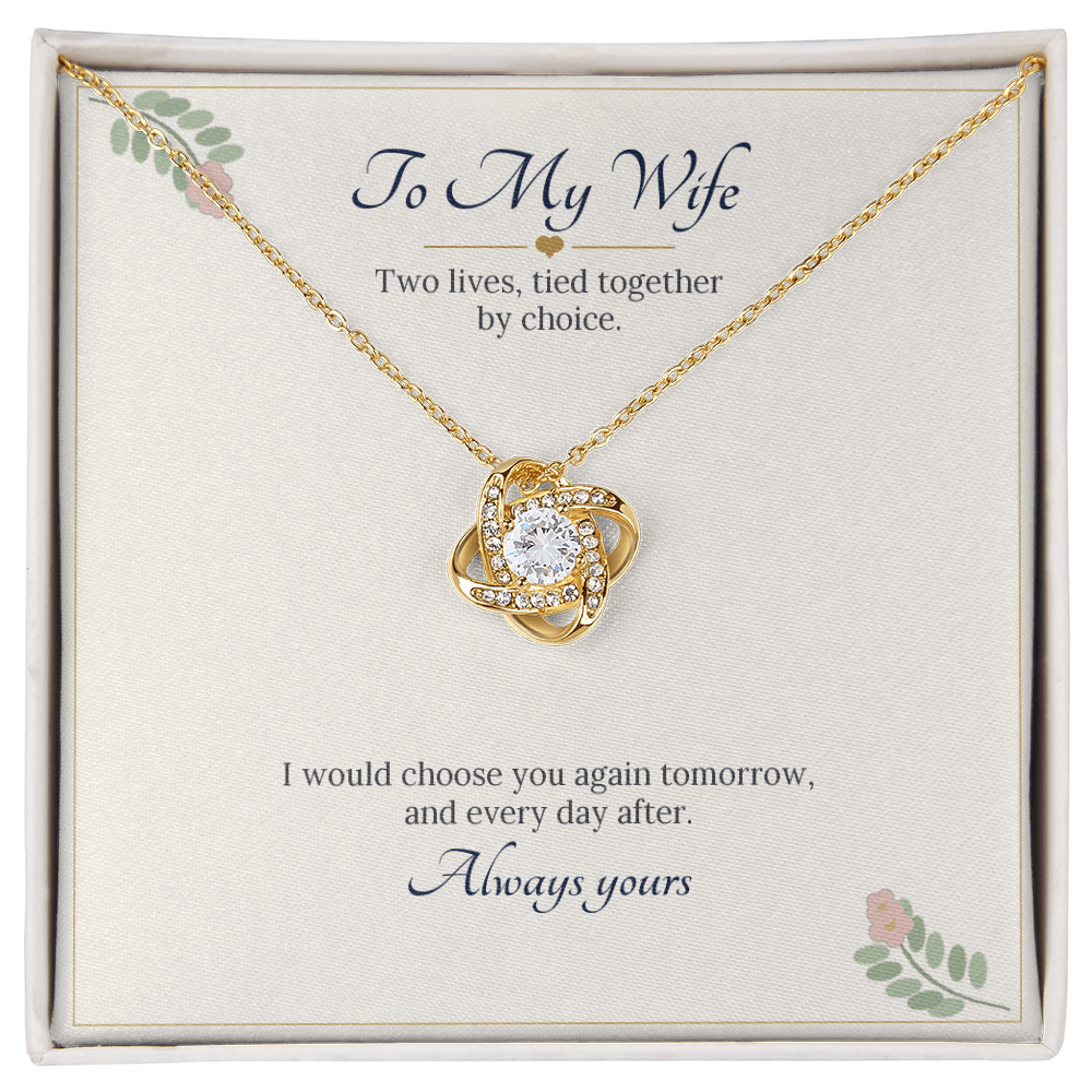 Love knot necklace in yellow gold finish on a cream To My Wife message card