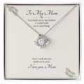 Love knot necklace in white gold finish on a cream To My Mom message card