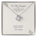 Love knot necklace in white gold finish on a cream To My Daughter message card