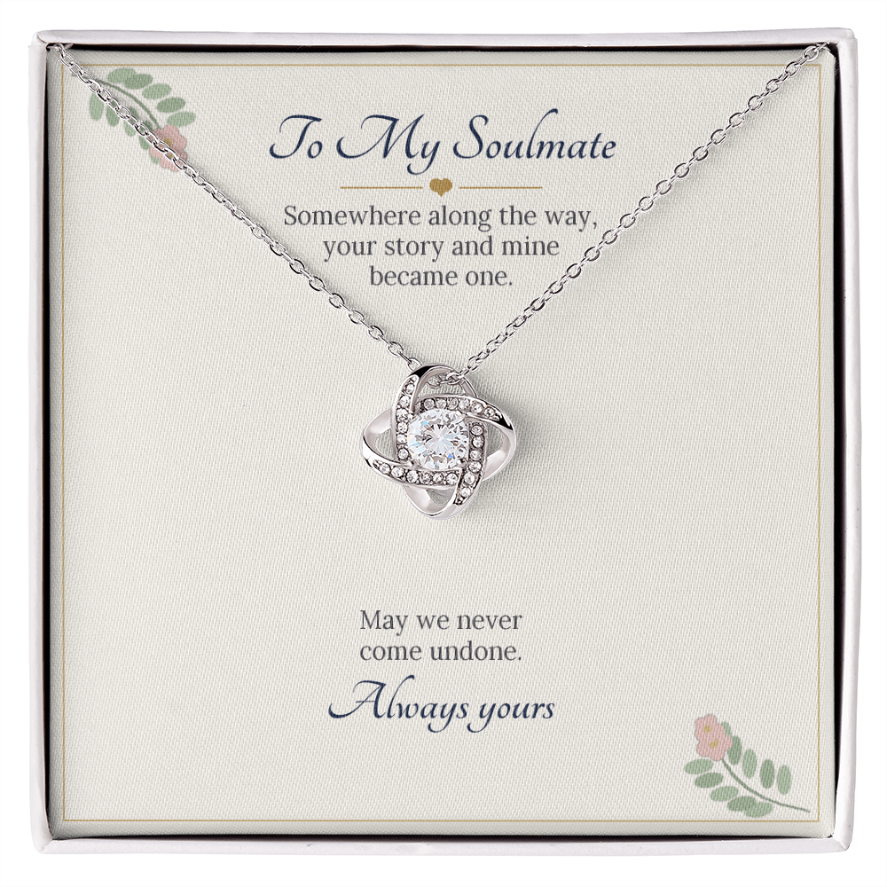 Love knot necklace in white gold finish on a cream To My Soulmate message card