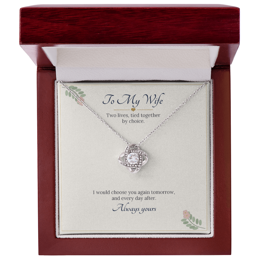 White gold finish love knot necklace on the To My Wife card inside a wooden luxury box