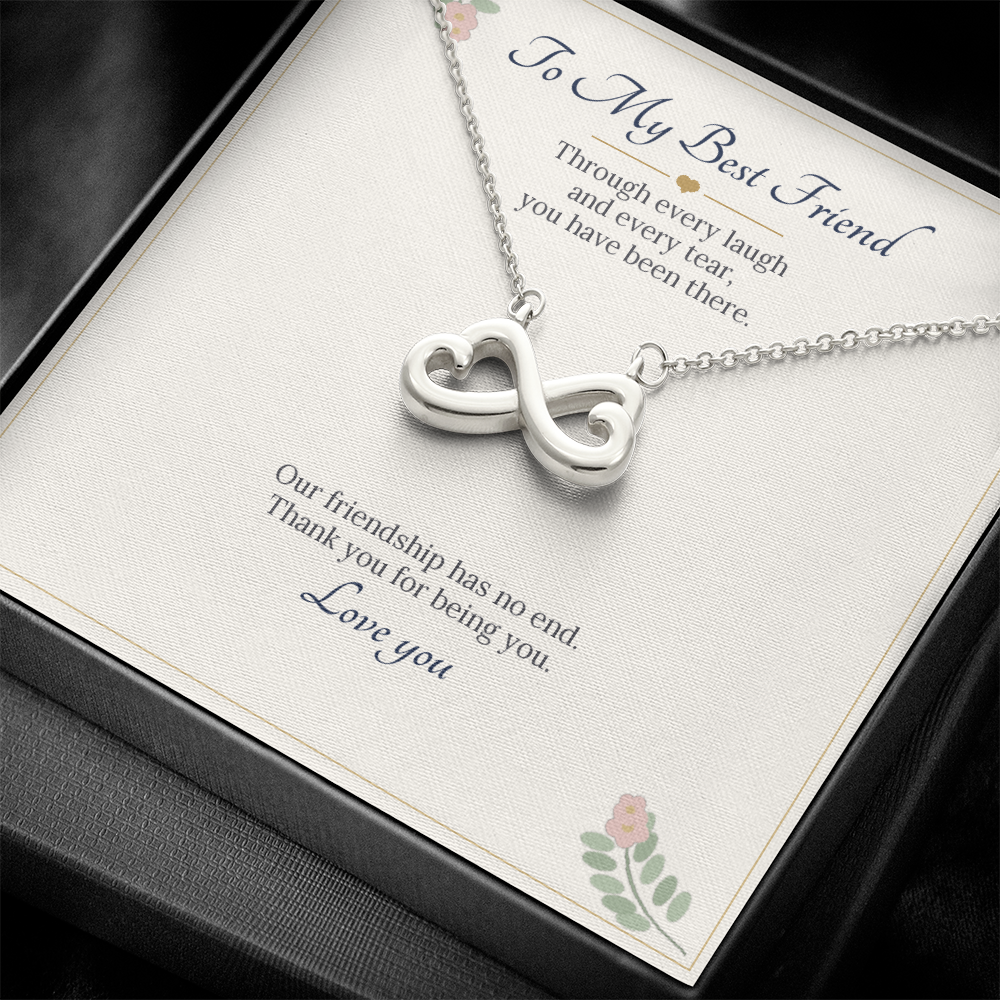 White gold finish infinity heart necklace on the To My Best Friend card inside a black gift box
