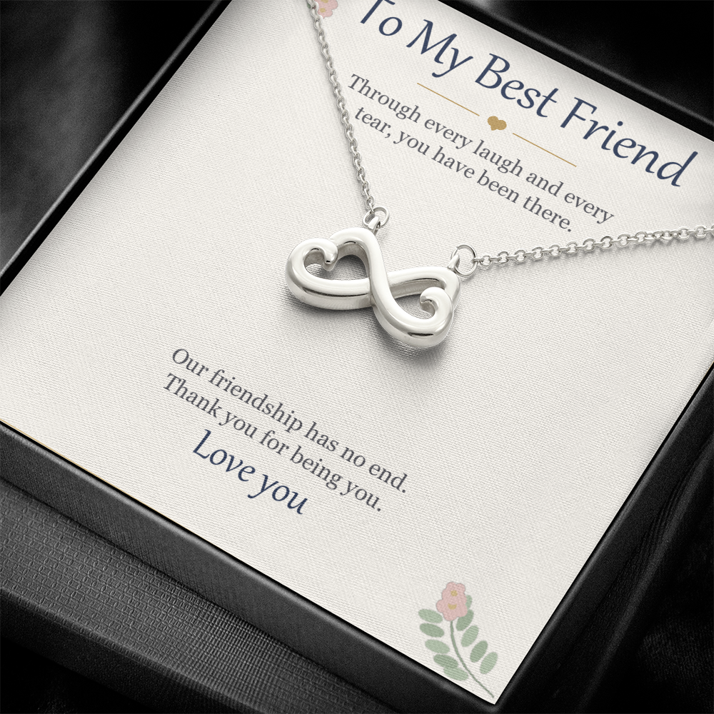 To My Best Friend message card with the infinity heart necklace inside a black gift box