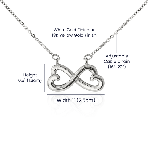 Infinity heart pendant size guide: about 1 inch wide and 0.5 inch tall, adjustable 16 to 22 inch cable chain, white gold or 18k yellow gold finish