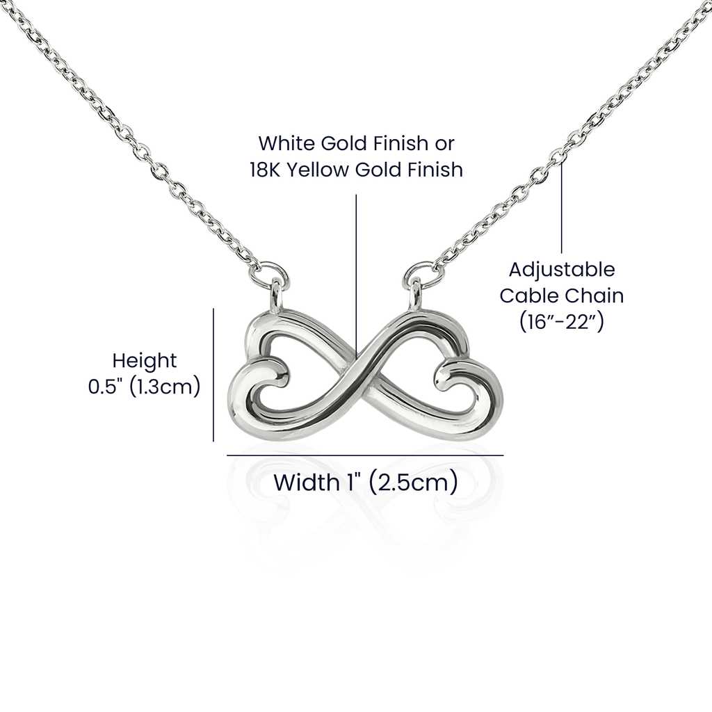 Infinity heart pendant size guide: about 1 inch wide and 0.5 inch tall, adjustable 16 to 22 inch chain