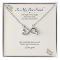 Infinity heart necklace in white gold finish on a cream To My Best Friend message card