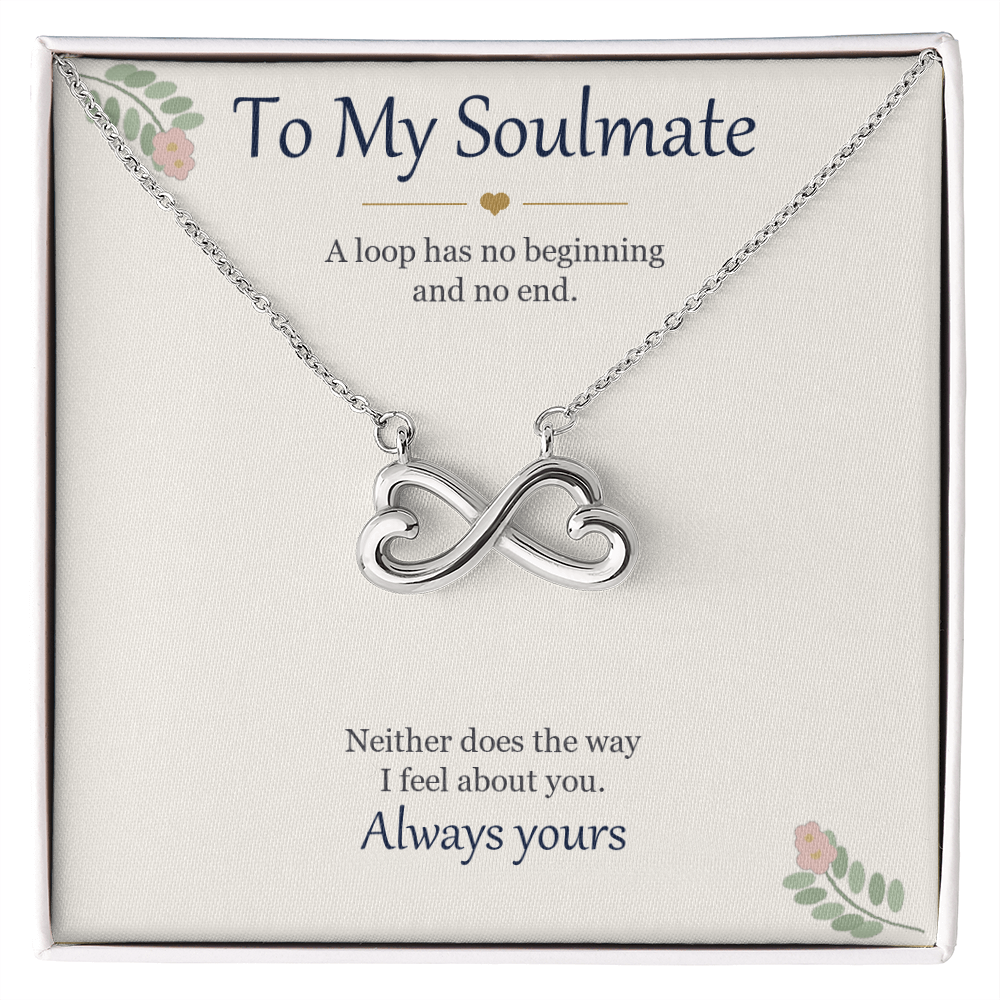 Infinity heart necklace in white gold finish on a cream To My Soulmate message card