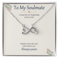 Infinity heart necklace in white gold finish on a cream To My Soulmate message card