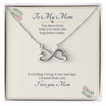 Infinity heart necklace in white gold finish on a cream To My Mom wedding message card, a gift for the mother of the bride