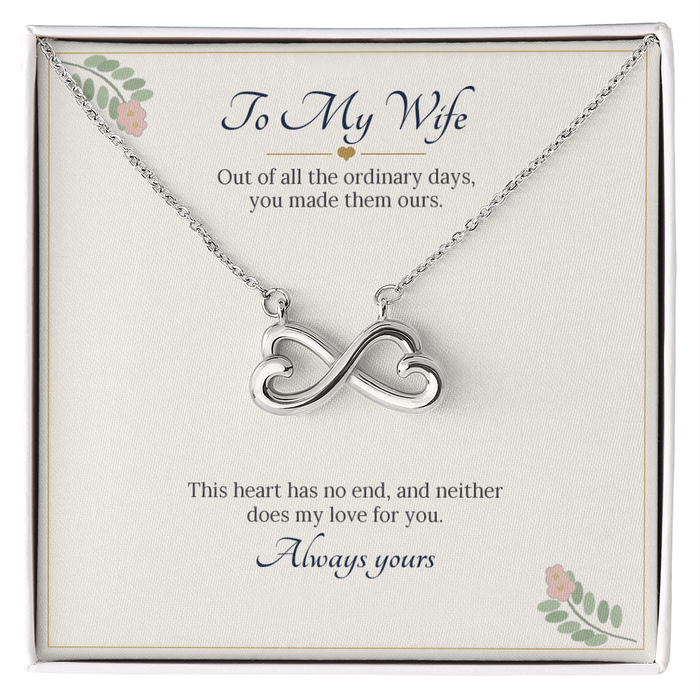 Infinity heart necklace in white gold finish on a cream To My Wife message card