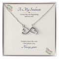 Infinity heart necklace in white gold finish on a cream To My Soulmate message card