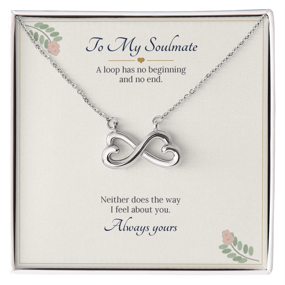 Infinity heart necklace in white gold finish on a cream To My Soulmate message card