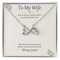 Infinity heart necklace in white gold finish on a cream To My Wife message card