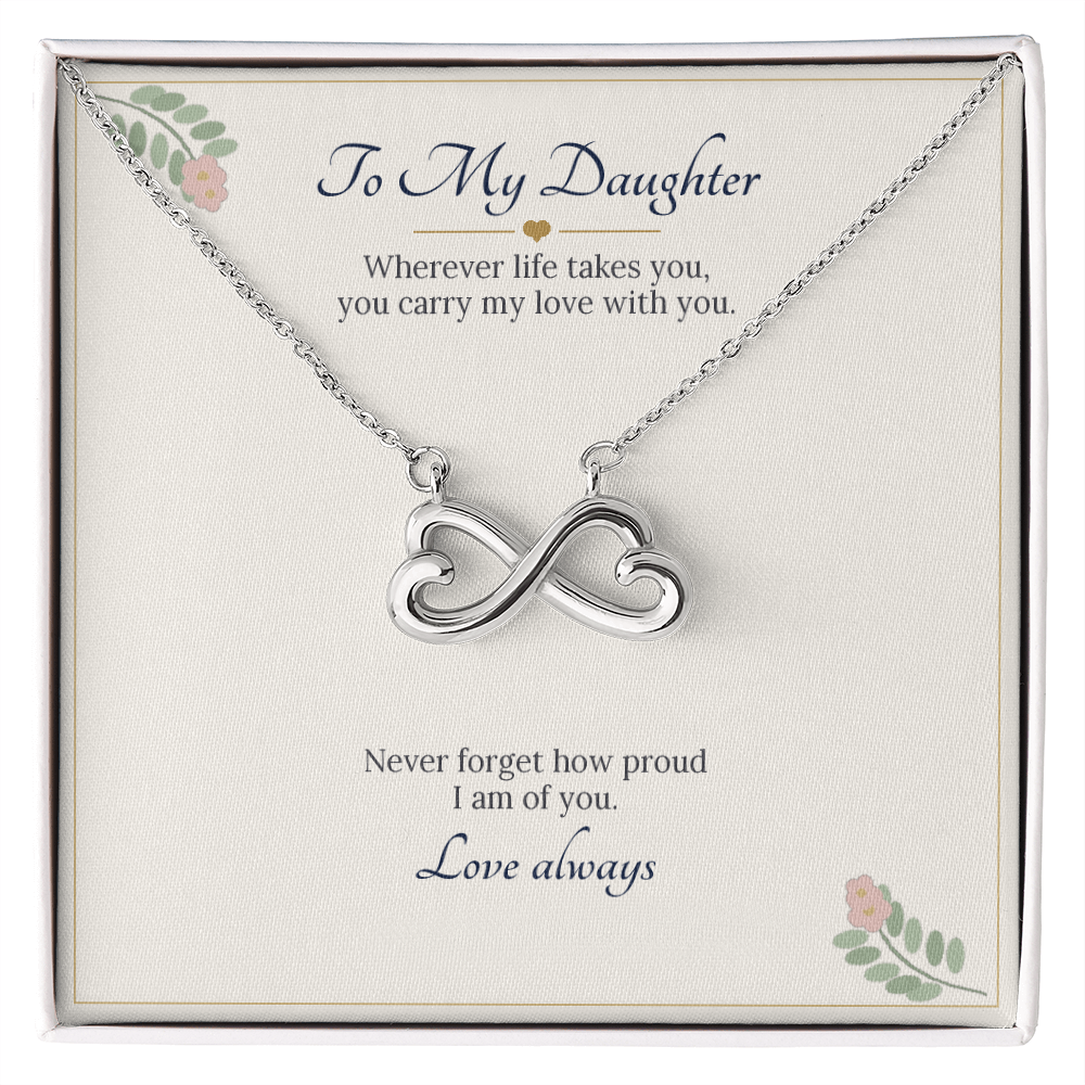 Infinity heart necklace in white gold finish on a cream To My Daughter message card