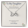 Infinity heart necklace in white gold finish on a cream To My Daughter message card