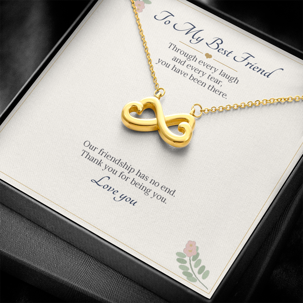 Yellow gold finish infinity heart necklace on the To My Best Friend card inside a black gift box