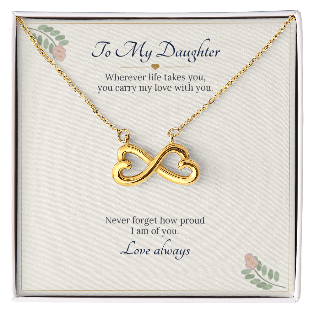 Infinity heart necklace in yellow gold finish on a cream To My Daughter message card
