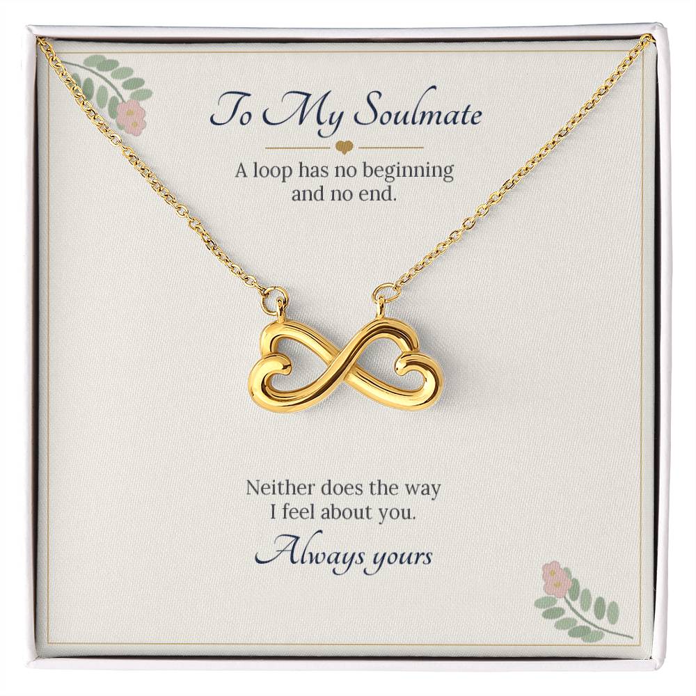 Infinity heart necklace in yellow gold finish on a cream To My Soulmate message card