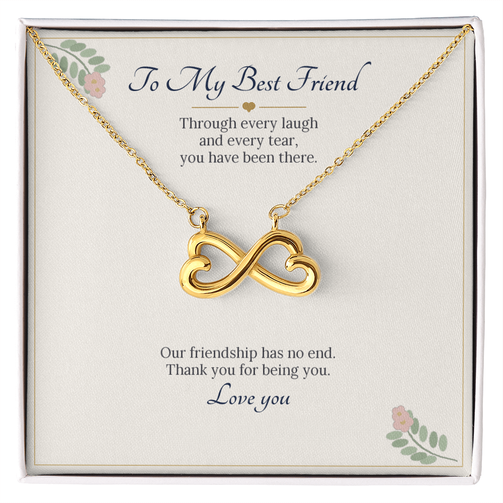 Infinity heart necklace in yellow gold finish on a cream To My Best Friend message card